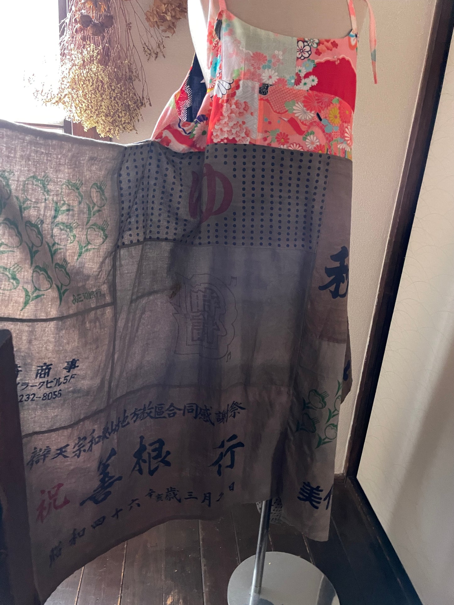 着物と手ぬぐいのアシメワンピース 鉄媒染