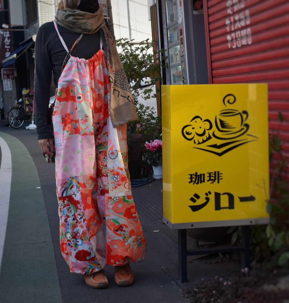 Kimono remake overalls with gorgeous flower and Japanese patterns 女の子着物サロペットパンツ