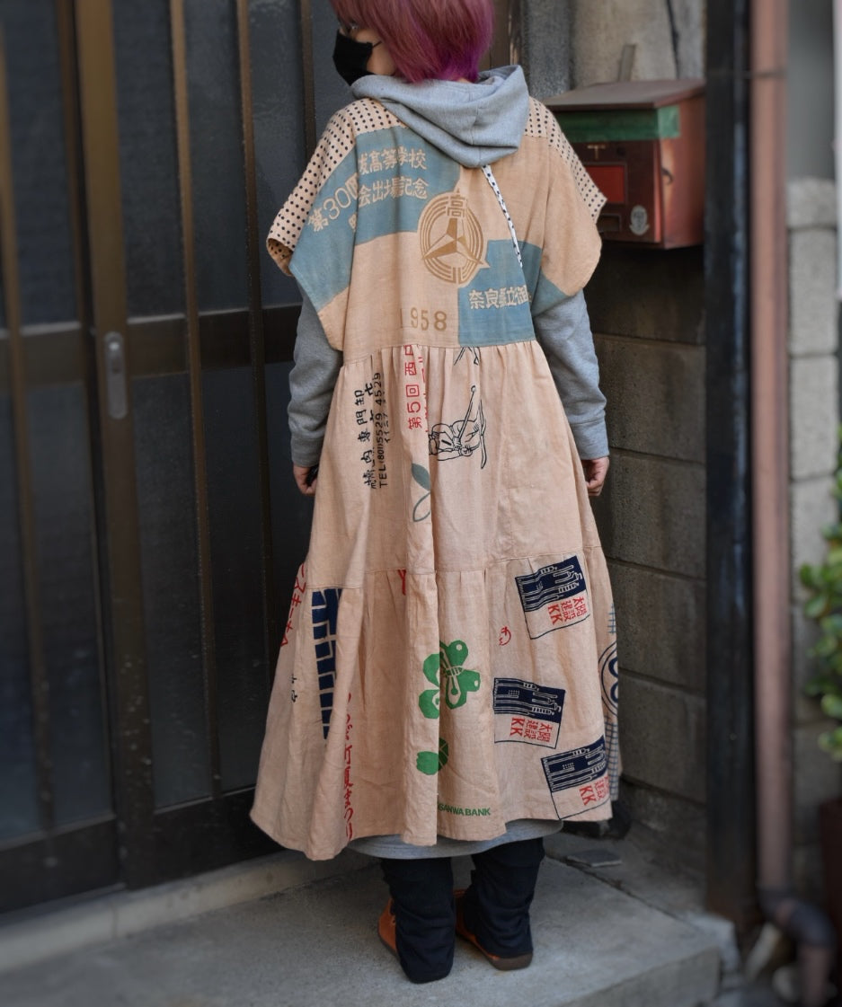 柿渋てぬぐいのゆったりティアードワンピース