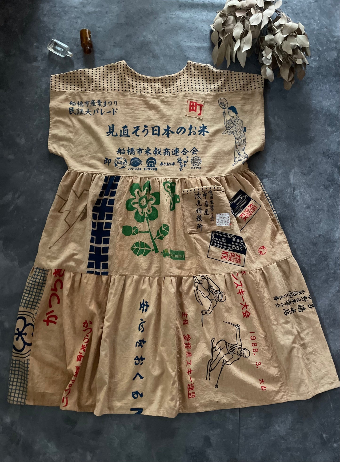 柿渋てぬぐいのゆったりティアードワンピース