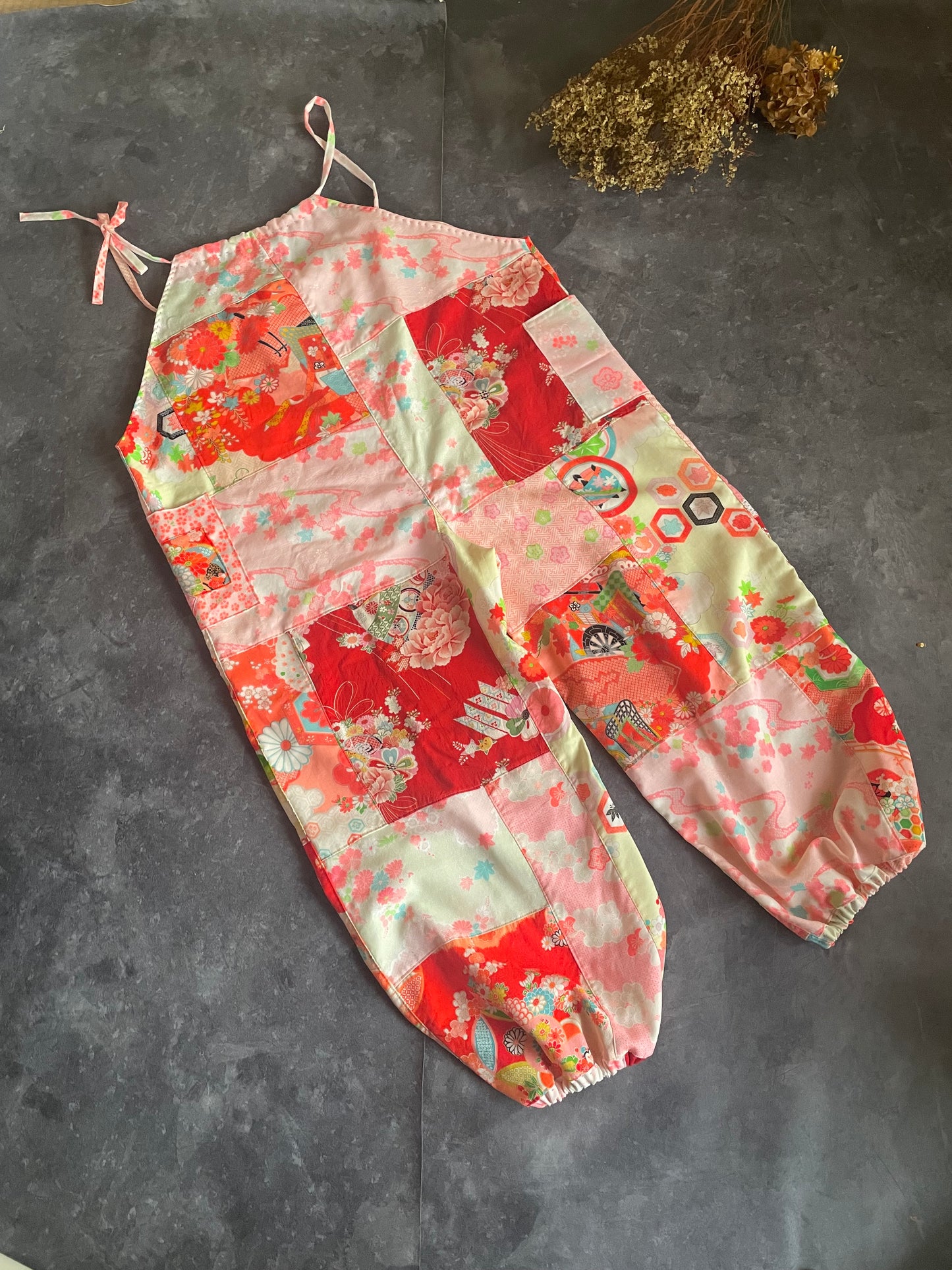 Kimono remake overalls with gorgeous flower and Japanese patterns 女の子着物サロペットパンツ