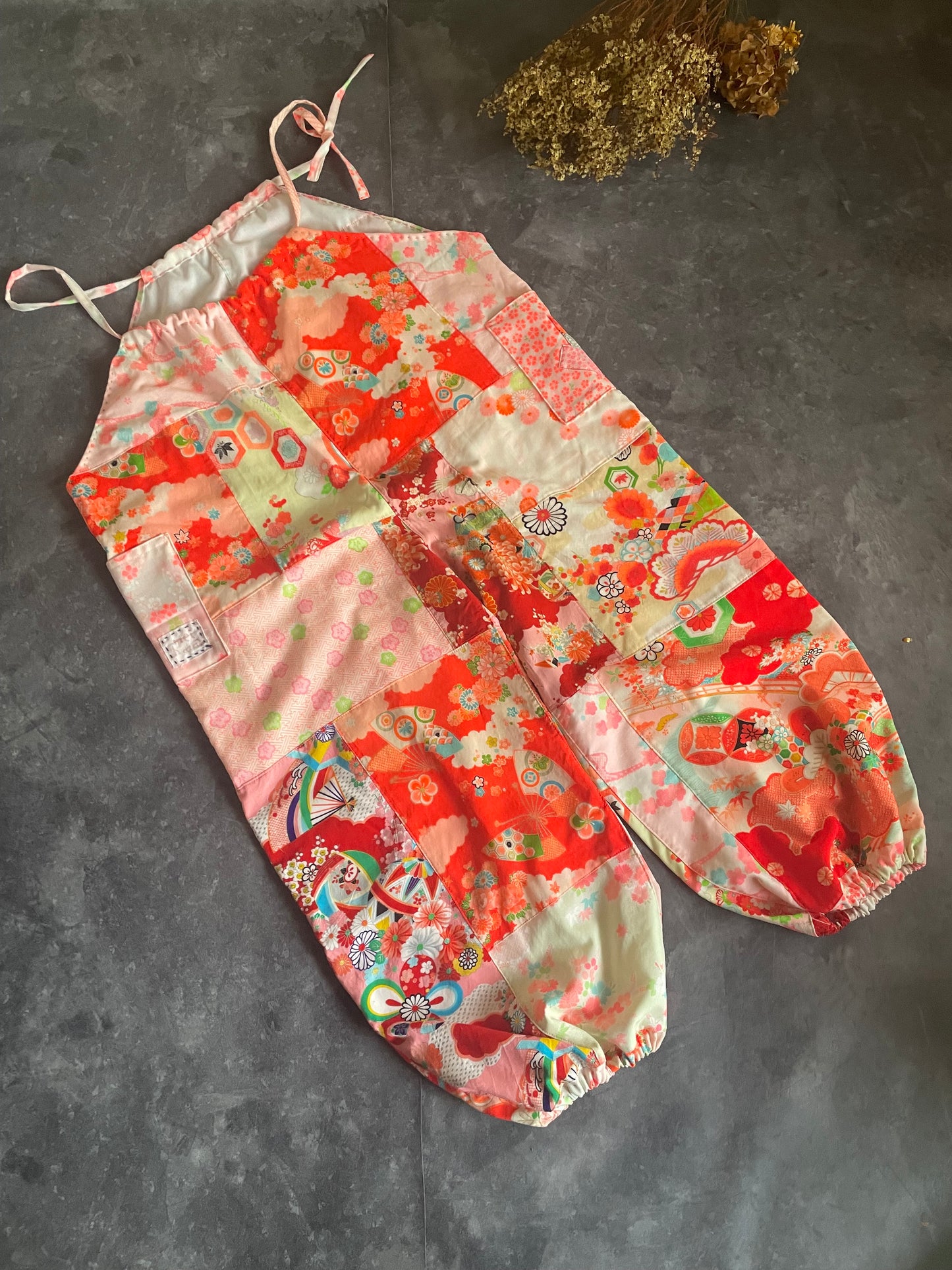 Kimono remake overalls with gorgeous flower and Japanese patterns 女の子着物サロペットパンツ