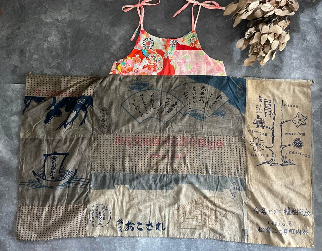 着物と手ぬぐいのアシメワンピース 鉄媒染