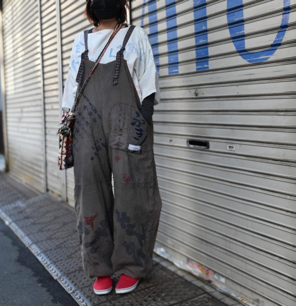 柿渋染めと鉄媒染のリバーシブルサロペットパンツ　